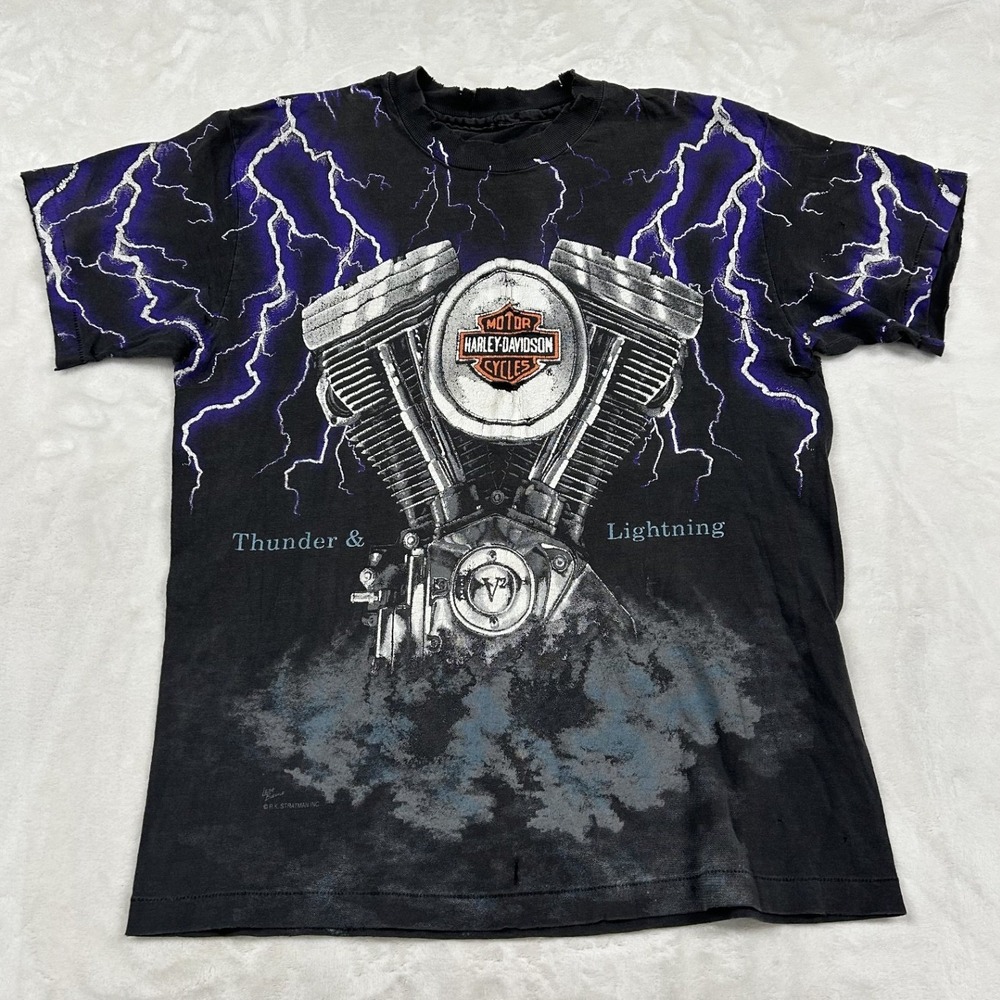 Thrashed Harley-Davidson T-Shirt Mens L Black Thunder Lightning EARLY ROT